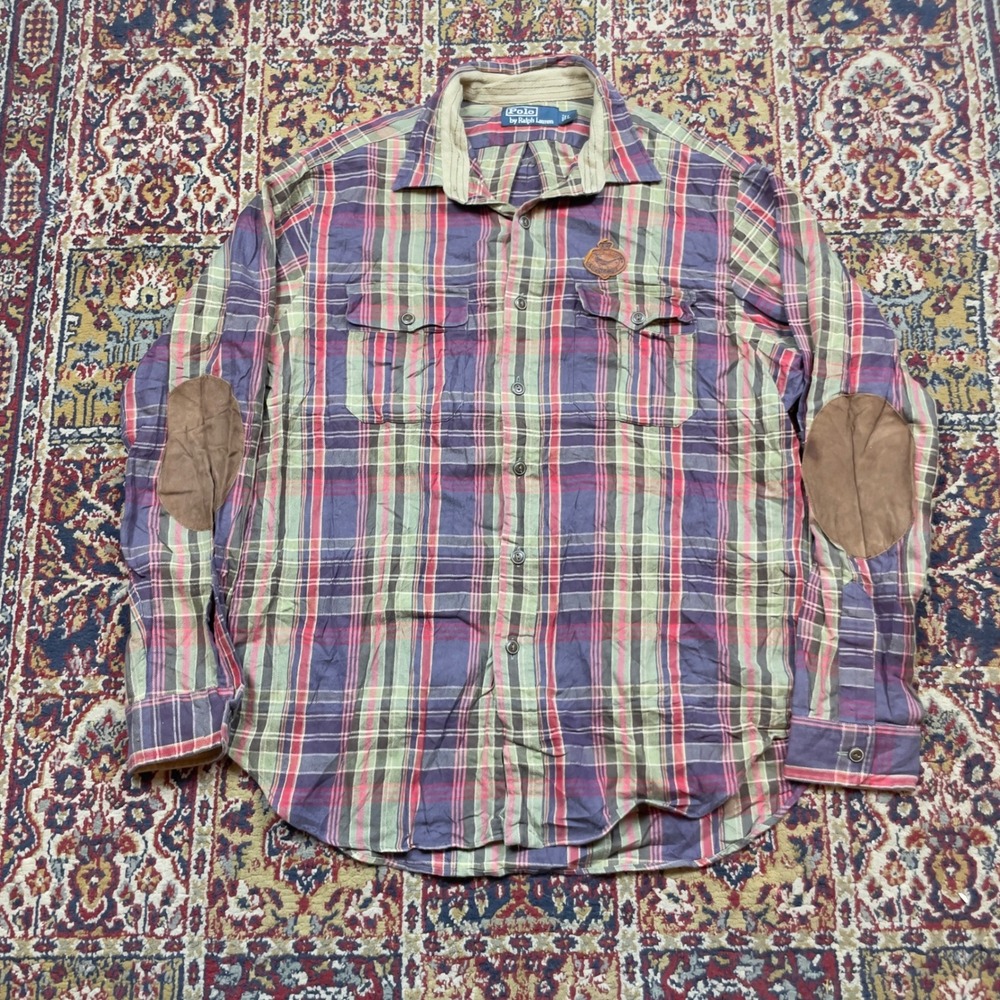 VTG 80s 90s Polo Ralph Lauren L Plaid Button Up Shirt Leather Elbow Pad Pheasant
